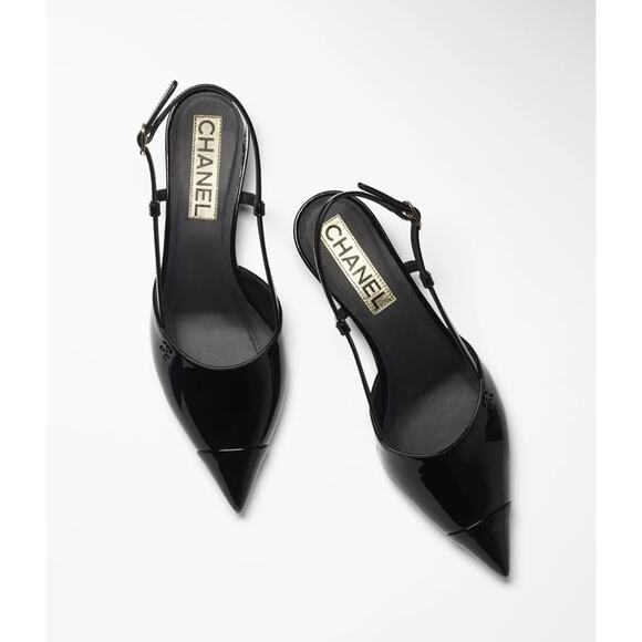 Chanel 22K Black Patent Leather CC Sling Slingback Sandal Pointed Kitten Heel 37 - Picture 8 of 14